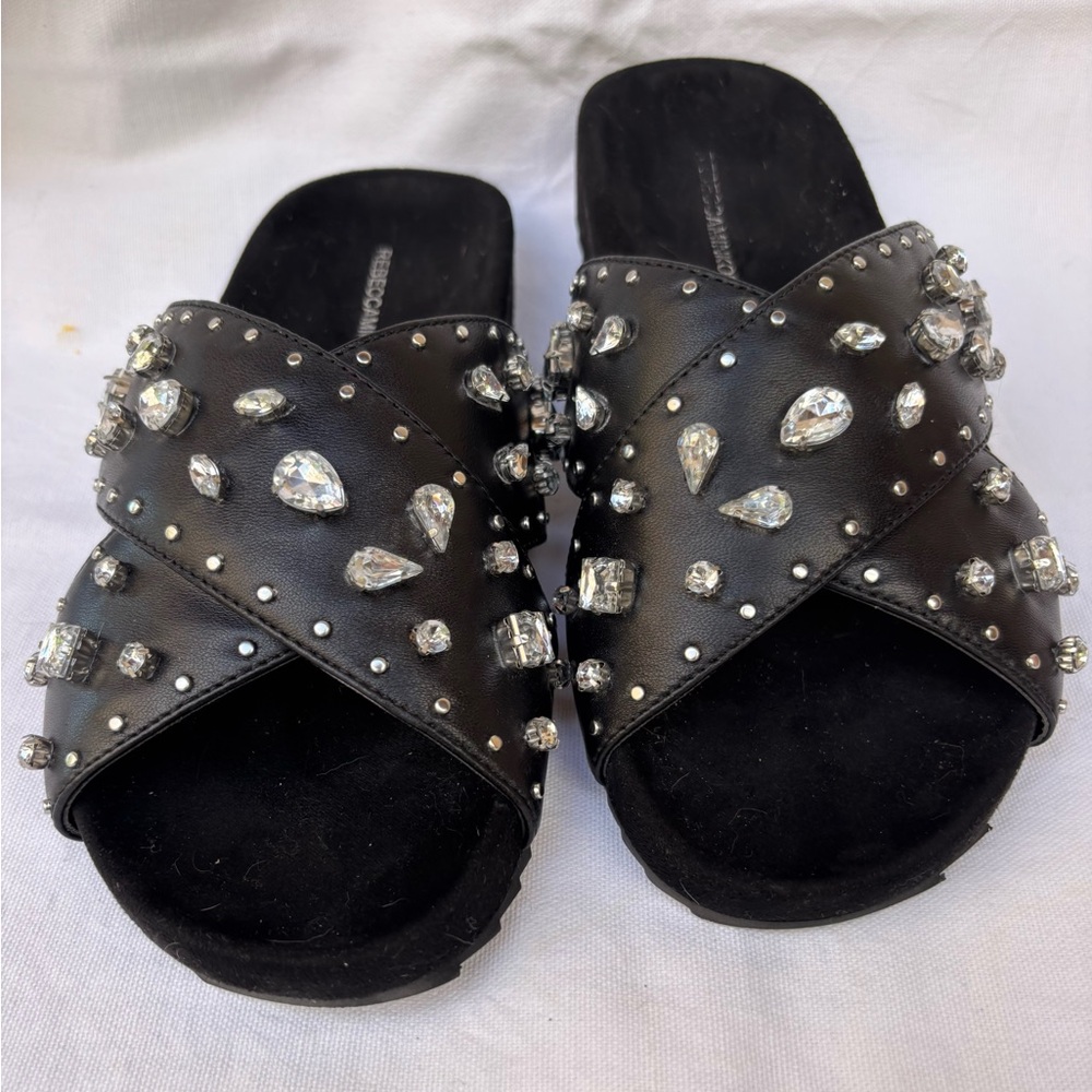 Rebecca Minkoff Leather Theo Jewel Sandal Slides 6.5 black sparkle BOHO chic